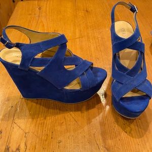 Fun super high wedge blue suede shoes